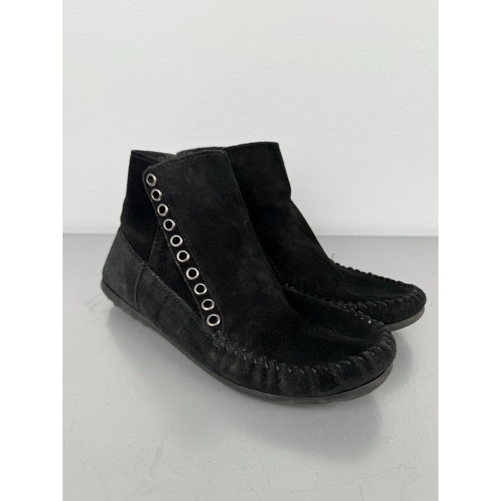 Minnetonka Moccasin Boots Womens 8.5 Black Suede Leather Ankle Bootie Flat Shoes